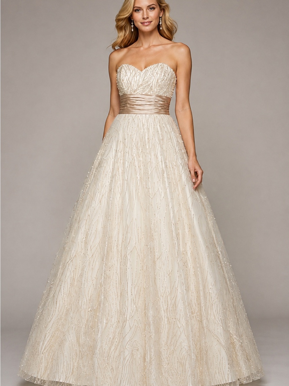 David’s Bridal Strapless Beaded Pearl Glitter Ball Gown Ivory Champagne Size 4